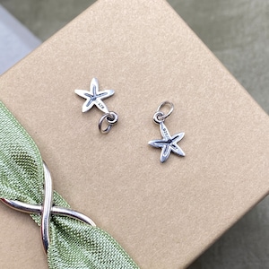 May include: Two silver starfish charms with a textured surface. The charms are on a brown surface with a green ribbon.