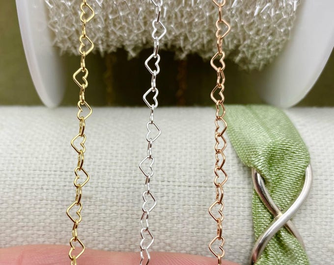 Heart Chain by the Foot - 3.2mm Sterling Silver, 14kt Gold Filled, Rose Gold Filled Heart Chain - Bubble Heart Permanent Jewelry - USA C8