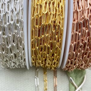 Paperclip Chain by the Foot - Sterling Silver, 14kt Gold Filled, Rose Gold Filled 2.5x6.5mm Elongated Flat Chain Permanent Jewelry - USA C15