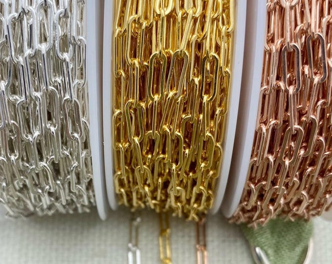 Paperclip Chain by the Foot - Sterling Silver, 14kt Gold Filled, Rose Gold Filled 2.5x6.5mm Elongated Flat Chain Permanent Jewelry - USA C15