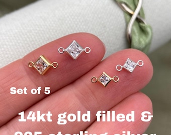 Set of 5 x Diamond Shaped Birthstone CONNECTORS 925 Sterling Silver or Gold Filled 3mm or 4mm -Square CZs - Permanent Jewelry Supply B32 B33