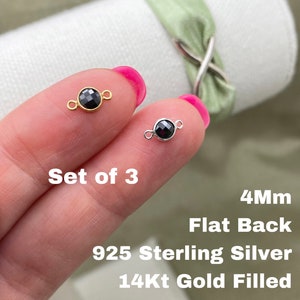 Set of 3 x Black FLATBACK 4mm 14kt Gold Filled, Rose Gold Filled or Sterling Silver Gemstone CONNECTOR 4mm Bezel - Permanent Jewelry USA B18