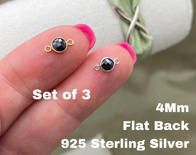 Set of 3 x Black FLATBACK 4mm 14kt Gold Filled, Rose Gold Filled or Sterling Silver Gemstone CONNECTOR 4mm Bezel - Permanent Jewelry USA B18
