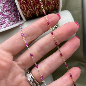 Premium Fuchsia Enamel - Chain by the Foot - 14kt Gold Filled or Sterling Silver - Colorful Paperclip Chain Permanent Jewelry - Sunburst E14
