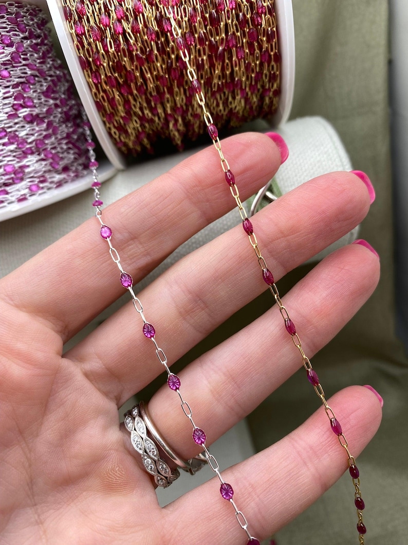 Premium Fuchsia Enamel - Chain by the Foot - 14kt Gold Filled or Sterling Silver - Colorful Paperclip Chain Permanent Jewelry - Sunburst E14