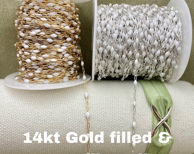 Premium White 14kt Gold Filled or Sterling Silver Enamel Chain - Colorful Paperclip Chain for Permanent Jewelry - Sunburst Enamel Chain E16