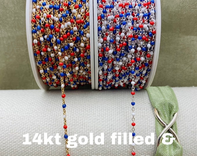 Premium Red White Blue USA Patriotic 14kt Gold Filled or Sterling Silver Enamel Chain - Colorful Cable Permanent Jewelry - Dot Enamel E9