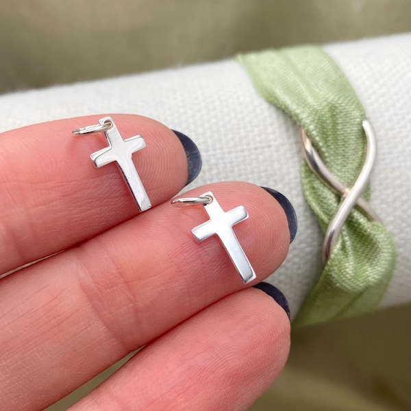 Set of 2 x 925 Sterling Silver Tiny Cross Charms - Religious Jewelry - Drops for Earrings Bracelet or Necklace - Wholesale Jewelry Supply