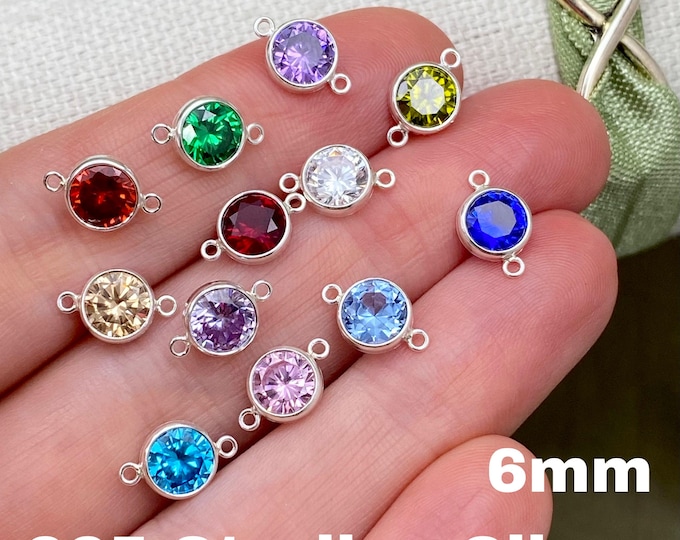 New! 6mm Birthstone Connectors - Sterling Silver - Permanent Jewelry Charms - B45S - Luxe Colors
