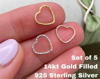 Set of 5 x Sparkle Heart Connectors for Permanent Jewelry - 14kt Gold Filled, Sterling Silver or Rose Gold - 10mm wire heart - USA F2