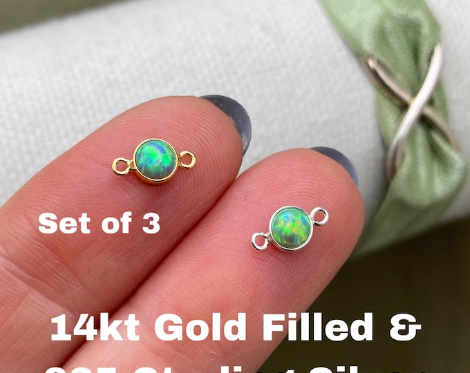 Set of 3 x Green Opal 14kt Gold Filled or Sterling Silver Synthetic Opal CONNECTORS 4mm - Bulk Permanent Jewelry Supply - USA Made B11
