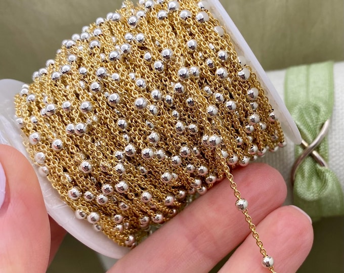 Bigger Mixed Metal 3mm Bead Chain - Chain by the Foot - 14kt Gold Filled & Sterling Silver 2 Tone Satellite Chain - Permanent Jewelry - C26