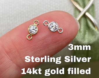 Set of 5 x Tiny 14kt Gold Filled or Sterling Silver Gemstone CONNECTOR 3mm - Top Quality AAA Cz Bezel - Bulk Permanent Jewelry - USA Made B1