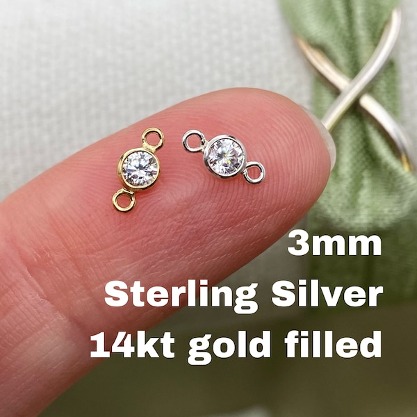 Set of 5 x Tiny 14kt Gold Filled or Sterling Silver Gemstone CONNECTOR 3mm - Top Quality AAA Cz Bezel - Bulk Permanent Jewelry - USA Made