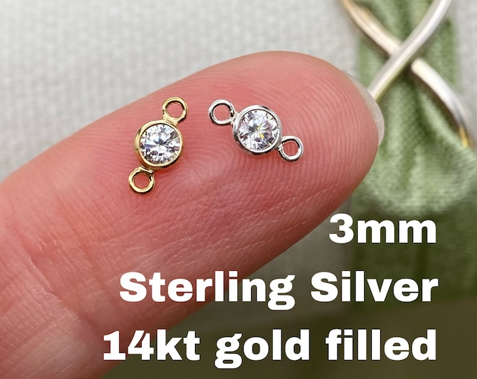 Set of 5 x Tiny 14kt Gold Filled or Sterling Silver Gemstone CONNECTOR 3mm - Top Quality AAA Cz Bezel - Bulk Permanent Jewelry - USA Made B1