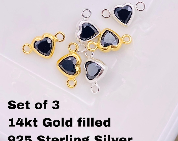 Set of 3 x Black Hearts Gold Filled or Sterling Silver Gemstone CONNECTOR 4mm - Top Quality AAA Cz Bezel - Permanent Jewelry - B40