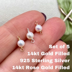 Set of 5 x Gold Filled or Sterling Silver 4mm Round Real Freshwater Pearl CONNECTOR - Top Quality AAA Pearls - Permanent Jewelry - USA B31