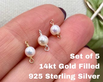 Set of 5 x Gold Filled or Sterling Silver 4mm Round Real Freshwater Pearl CONNECTOR - Top Quality AAA Pearls - Permanent Jewelry - USA B31
