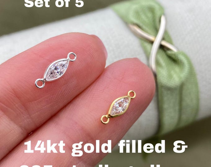 Set of 5 x 14kt Gold Filled or Sterling Silver Clear Marquise CONNECTORS - Oval Imitation Diamond Cz Bezel - Permanent Jewelry Supply B34