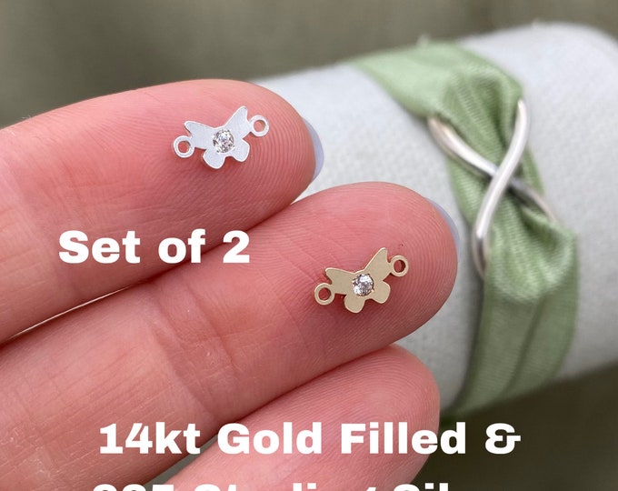 Set of 2 x Butterfly Connectors - TINY 14kt Gold Filled or Sterling Silver Butterfly for Permanent Jewelry - CZ Charm Permanent Jewelry L3