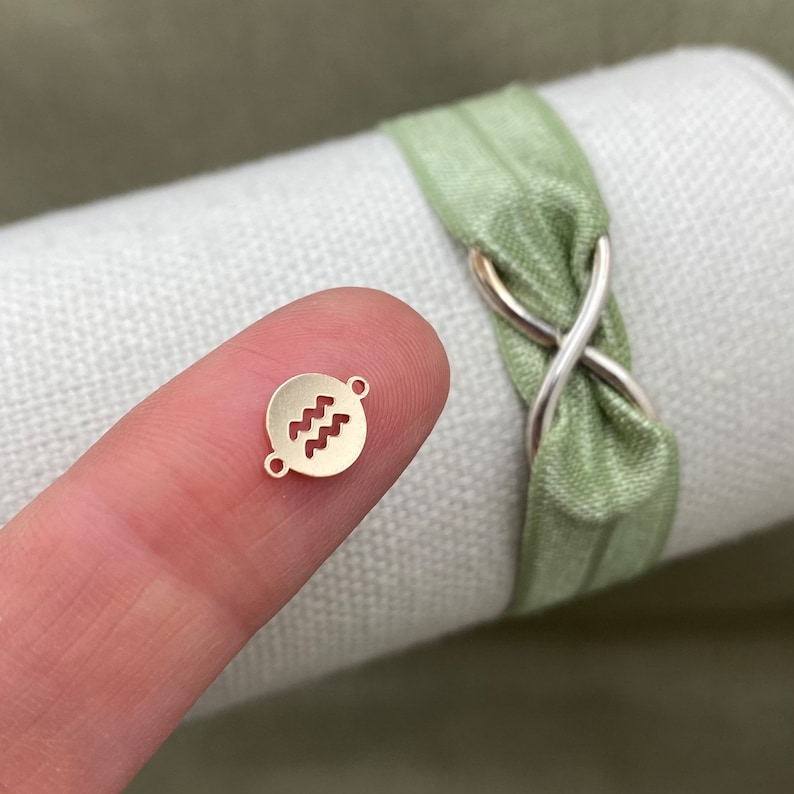 May include: Gold-toned metal charm featuring the astrological symbol for Aquarius. The charm is round and has a hole on either side for attaching to a bracelet or necklace.