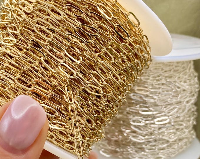 Flat Paperclip Chain 3x7.5mm - 14kt Gold Filled or Sterling Silver Chain - Elongated Cable Chain for Permanent Jewelry Wholesale Chain - C42