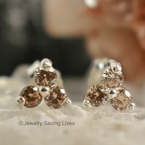 Champagne sapphire tri-cluster earrings, natural sapphire studs, sapphire unique earrings, genuine small sapphire studs, champagne studs