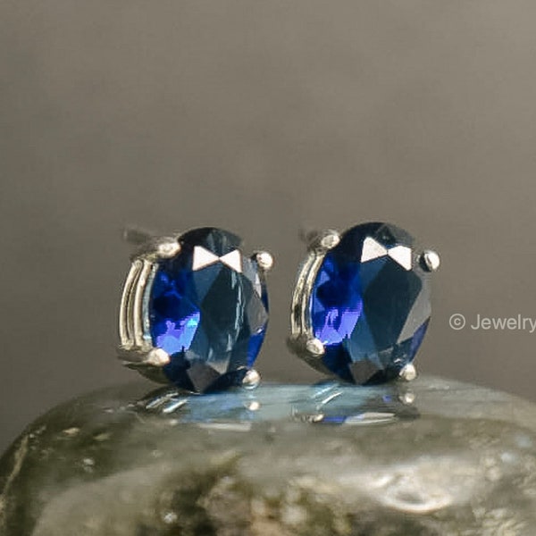 Deep blue sapphire earrings, cut blue sapphire studs with great shine, natural sapphire earrings in sterling silver, genuine small sapphires