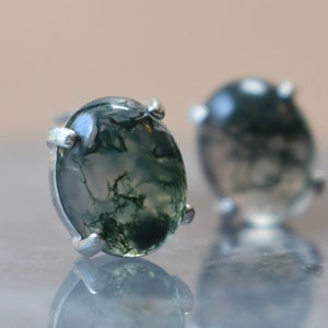 Oval moss agate posts, large oval moss agate studs, oval moss agate earring, moss agate oval earrings, green moss agate earrings
