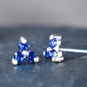 LS Tanzanite tri-cluster earrings, natural round tanzanite studs, purple tanzanite unique earrings, genuine small tanzanite studs