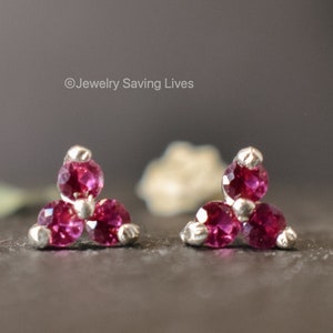 Ruby tri-cluster earrings, natural round ruby, unique ruby earrings, genuine small ruby studs, ruby stud earrings, triple stone earrings