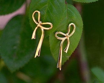 Bow Earrings, Bow Ribbon Earrings, Silver Bow Ribbon Studs, Gold Bow Studs, Long Bow Studs, Dangle Bow Studs