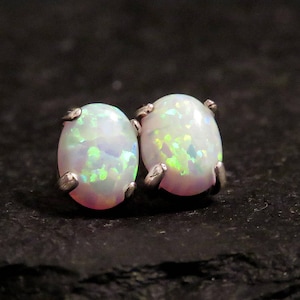 Large white fire opal Earrings, oval opal studs, studs white fire opal set  sterling silver, fire opal ,fire colorful opal, fire white opal