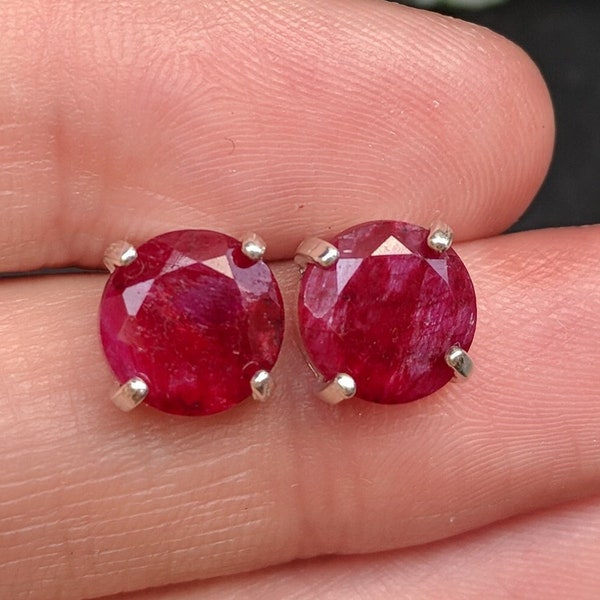 Natural dark red ruby earring, deep red genuine ruby studs, raw ruby round earrings, natural and raw ruby earrings, dainty ruby earring