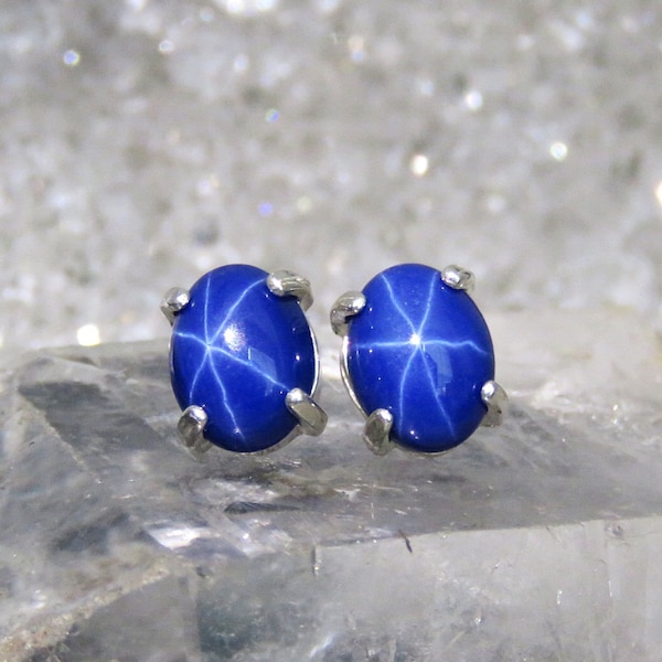 Oval Star Sapphire Earrings, genuine star sapphire earrings, authentic blue star sapphire studs, genuine natural star sapphire earrings