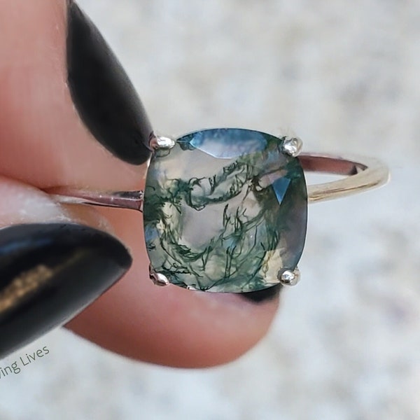 Moss Agate Ring, Nature green moss agate ring for women, green moss agate engagement ring, moss agate jewelry,  AAA moss agate