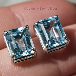Aquamarine emerald cut prong earrings, rectangle light blue studs, natural aquamarine earrings in prong setting, genuine aquamarine studs