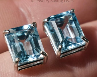 Aquamarine emerald cut prong earrings, rectangle light blue studs, natural aquamarine earrings in prong setting, genuine aquamarine studs