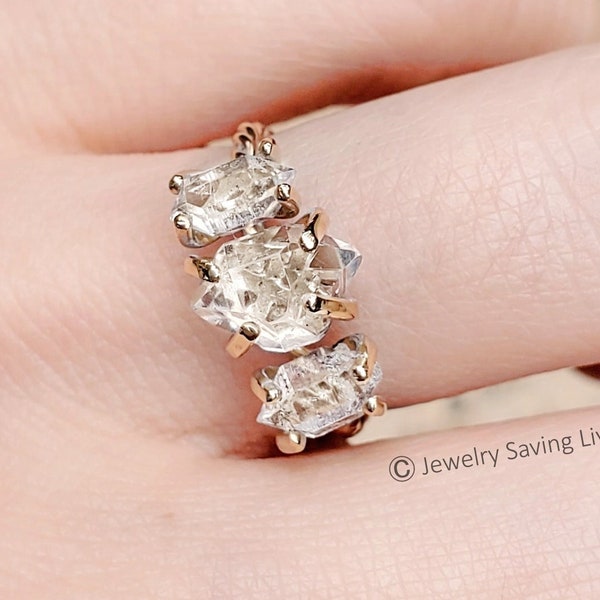 Raw herkimer diamond three stone ring, herkimer diamond ring, salt and pepper diamond, raw diamond engagement ring, raw diamond engagement