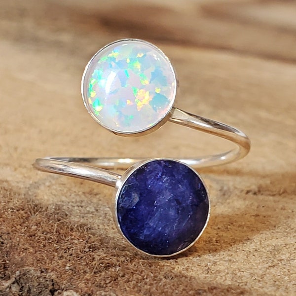 Raw sapphire and opal ring, Sapphire and opal ring, double stone ring, natural sapphire & opal adjustable ring, unique sapphire double stone