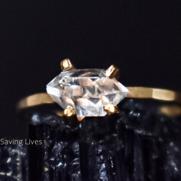 Raw diamond horizontal ring, east west salt and pepper herkimer diamond ring set horizontal, salt and pepper diamond, natural herkimer