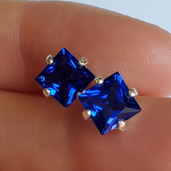 Square faceted Sapphire earrings, dark blue square sapphire studs, sapphire earrings, navy blue sapphire studs, cut sapphire, blue sapphire