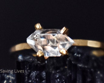 Raw diamond horizontal ring, east west salt and pepper herkimer diamond ring set horizontal, salt and pepper diamond, natural herkimer