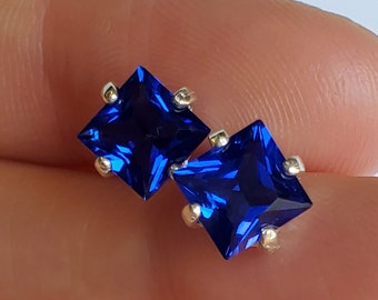 Square faceted Sapphire earrings, dark blue square sapphire studs, sapphire earrings, navy blue sapphire studs, cut sapphire, blue sapphire