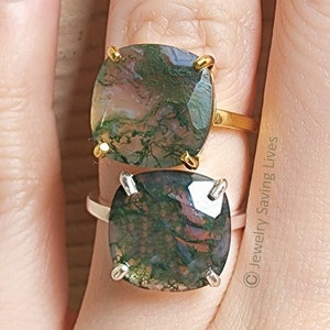 Large Statement Moss Agate ring,  vintage square moss agate ring, alternative engagement ring, green moss agate ring, unique nature ring