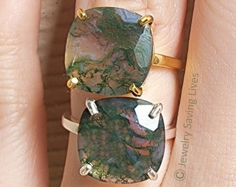 Large Statement Moss Agate ring,  vintage square moss agate ring, alternative engagement ring, green moss agate ring, unique nature ring