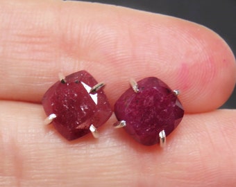 Natural ruby earrings, square 8mm genuine bright red ruby stud, natural ruby earrings in prong setting, genuine unique ruby studs, claw stud