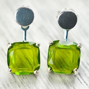Peridot jacket dangle earrings, peridot front back earrings, august birthstone dangle earrings, silver ear jacket earrings
