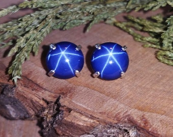 Star sapphire earrings, genuine star sapphire studs, natural star sapphire earrings, blue star sapphire earrings in silver,9mm star sapphire