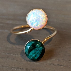 Raw emerald and opal ring, double stone ring, natural emerald and natural opal ring, genuine emerald and opal ring, adjustable emerald ring